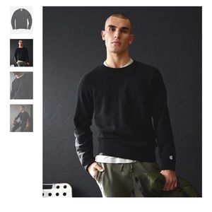 4 Todd Snyder/Champion Mid-weight Pocket Sweatshirt in Black, Gray, Blue, Beige.